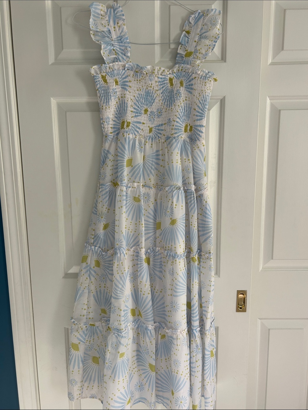 Smocked Midi Sundress in White with Light Blue and Yellow Floral Print